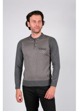 Çizgi Triko Erkek Polo Yaka Desenli Kol ve Bel Lastikli Kışlık Dokuma Triko Kazak - Gri