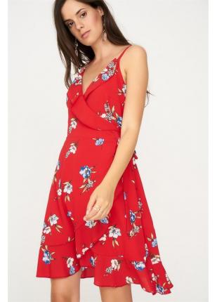 Kadın Kırmızı Askılı Anvelop Desenli Elbise