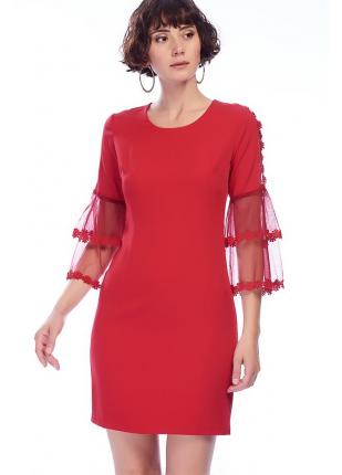 Kadın Kırmızı Kolları Tüllü Çift Kat Volanlı Elbise